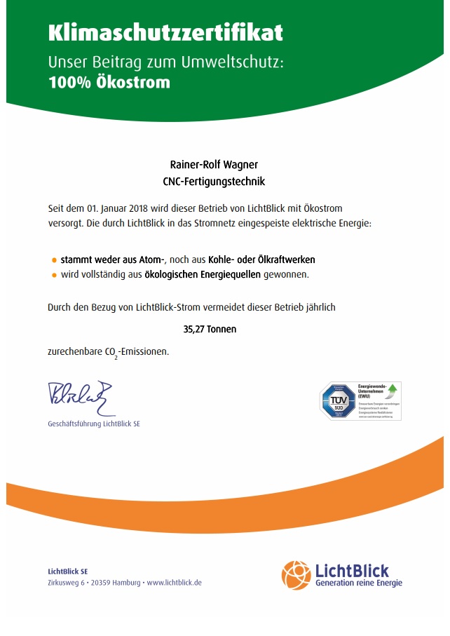 Klimaschutzzertifikat CNC Fertigungstechnik